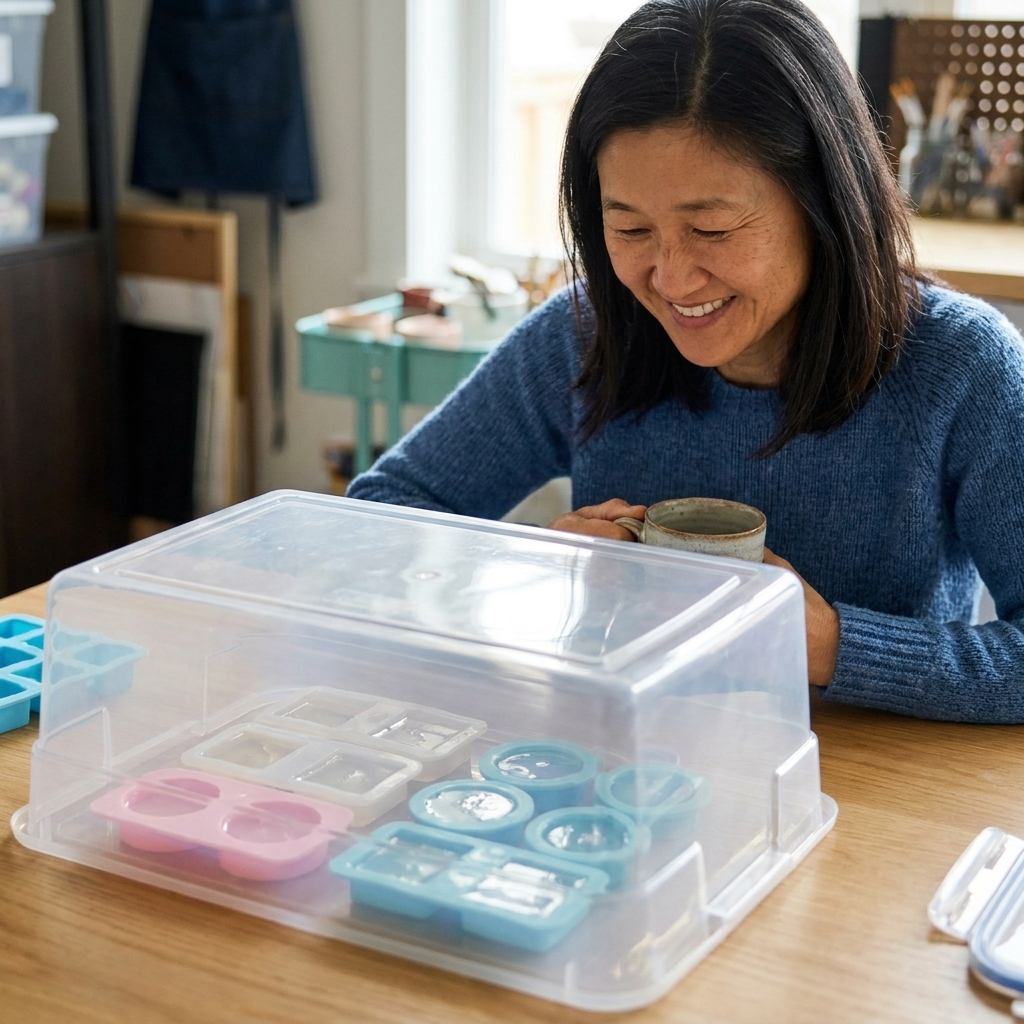 A photo of small resin molds on a table covered by a clear plastic storage container to protect them from dust while curing