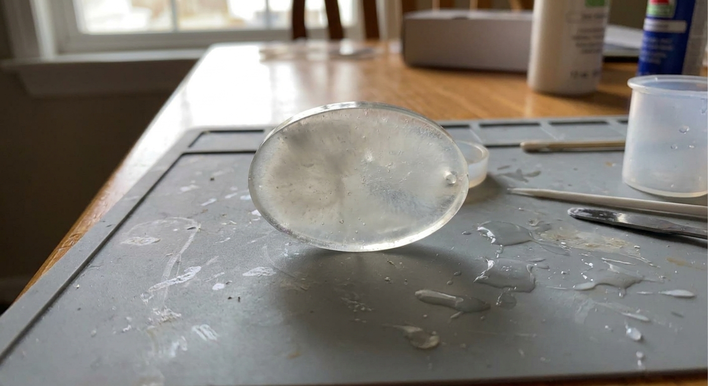 A photograph of a resin pendant blank on a craft mat showing a slightly milky, cloudy appearance instead of clear transparency