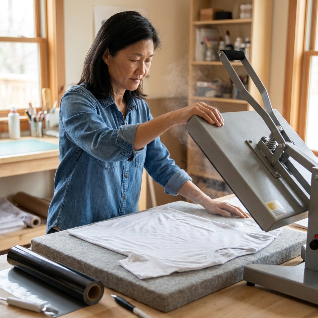 A plain T-shirt laid flat on a pressing mat while a heat press is lowered to remove wrinkles before applying vinyl
