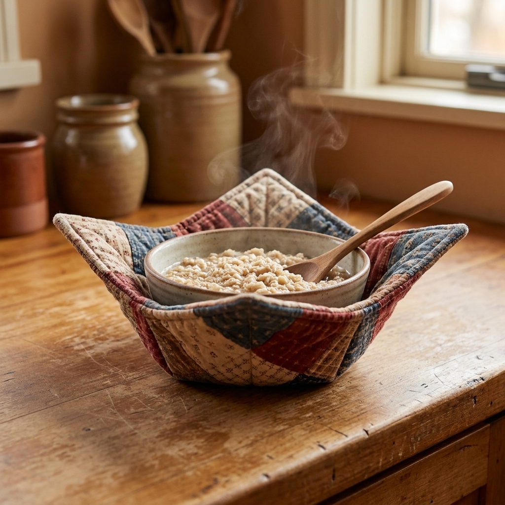 A quilted fabric bowl cozy holding a bowl on a kitchen counter