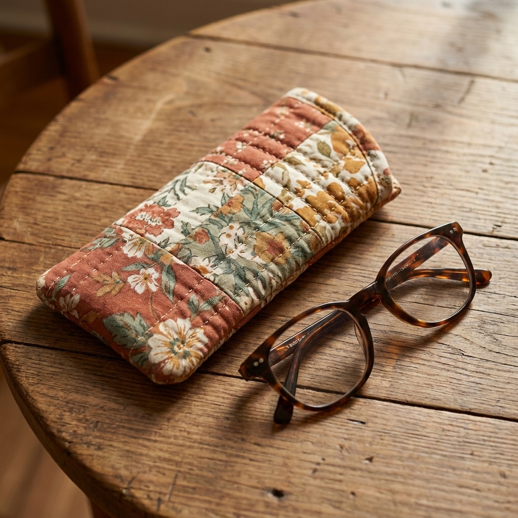 A quilted fabric eyeglasses sleeve in a floral patchwork print lying next to a pair of glasses on a wooden table.