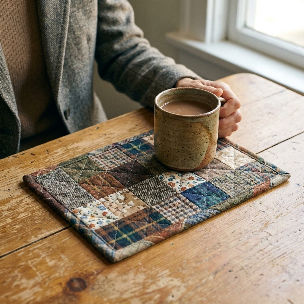 A quilted mug rug made from assorted fabric scraps with a ceramic mug resting on it on a kitchen table.
