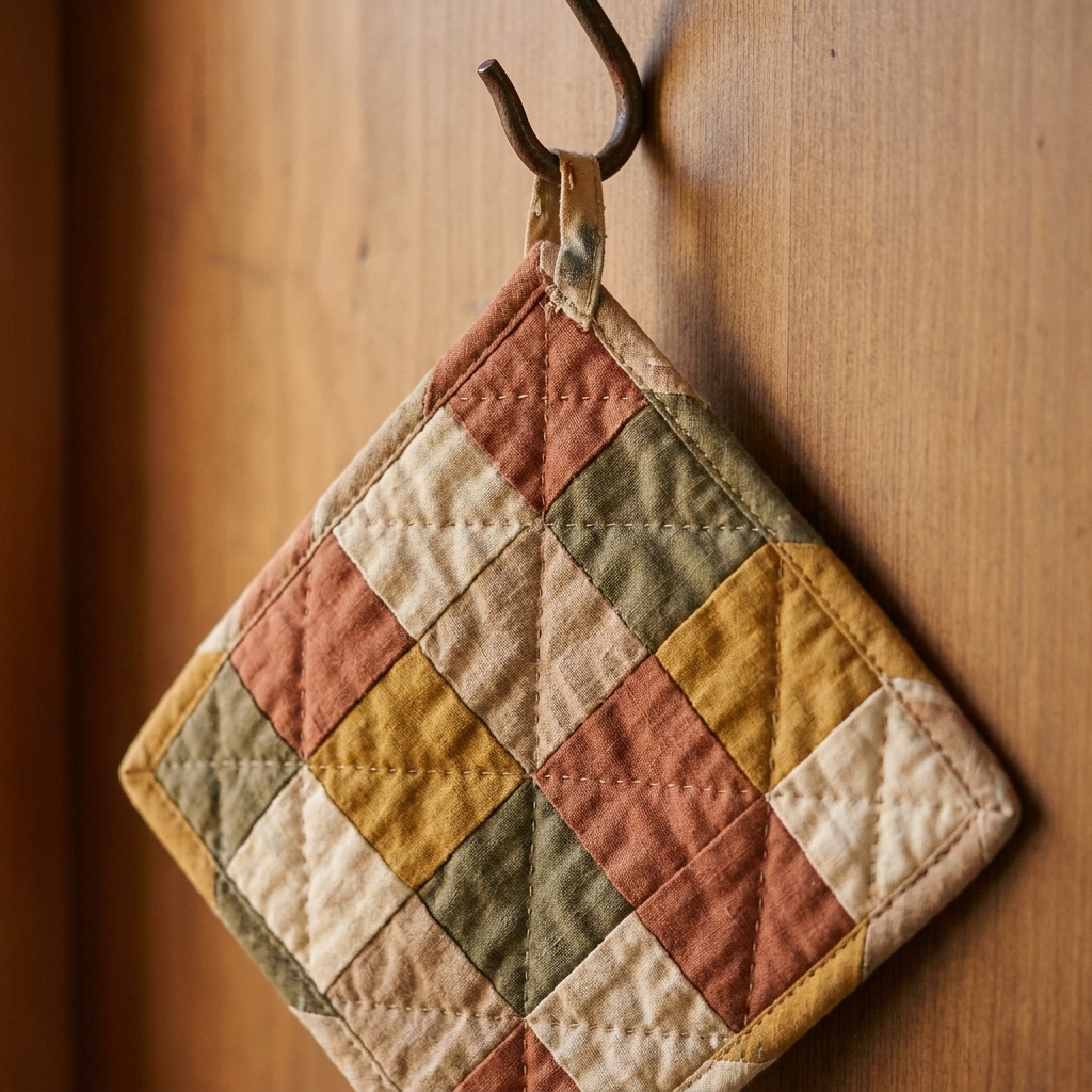 A quilted patchwork pot holder hanging from a kitchen hook