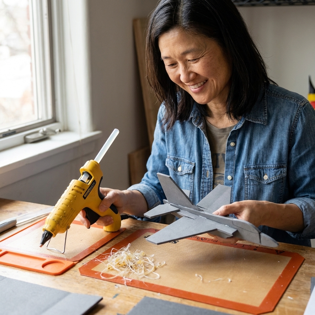 A real craft workstation with a heavy-duty hot glue gun resting on its stand beside silicone mats, a small pile of glue strings, and a partially assembled foam board model