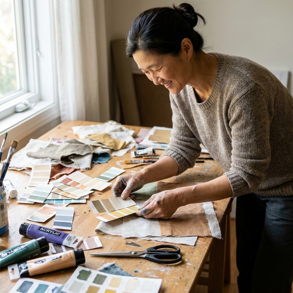 A real-life craft table with scattered paint swatches, fabric scraps, and scissors showing an in-progress palette test