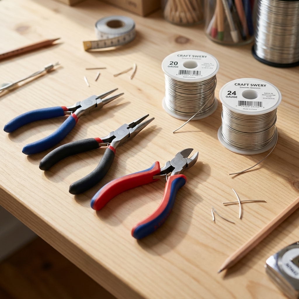 A realistic photo of round-nose pliers, chain-nose pliers, and flush cutters laid out beside spools of 20 gauge and 24 gauge wire on a light craft desk