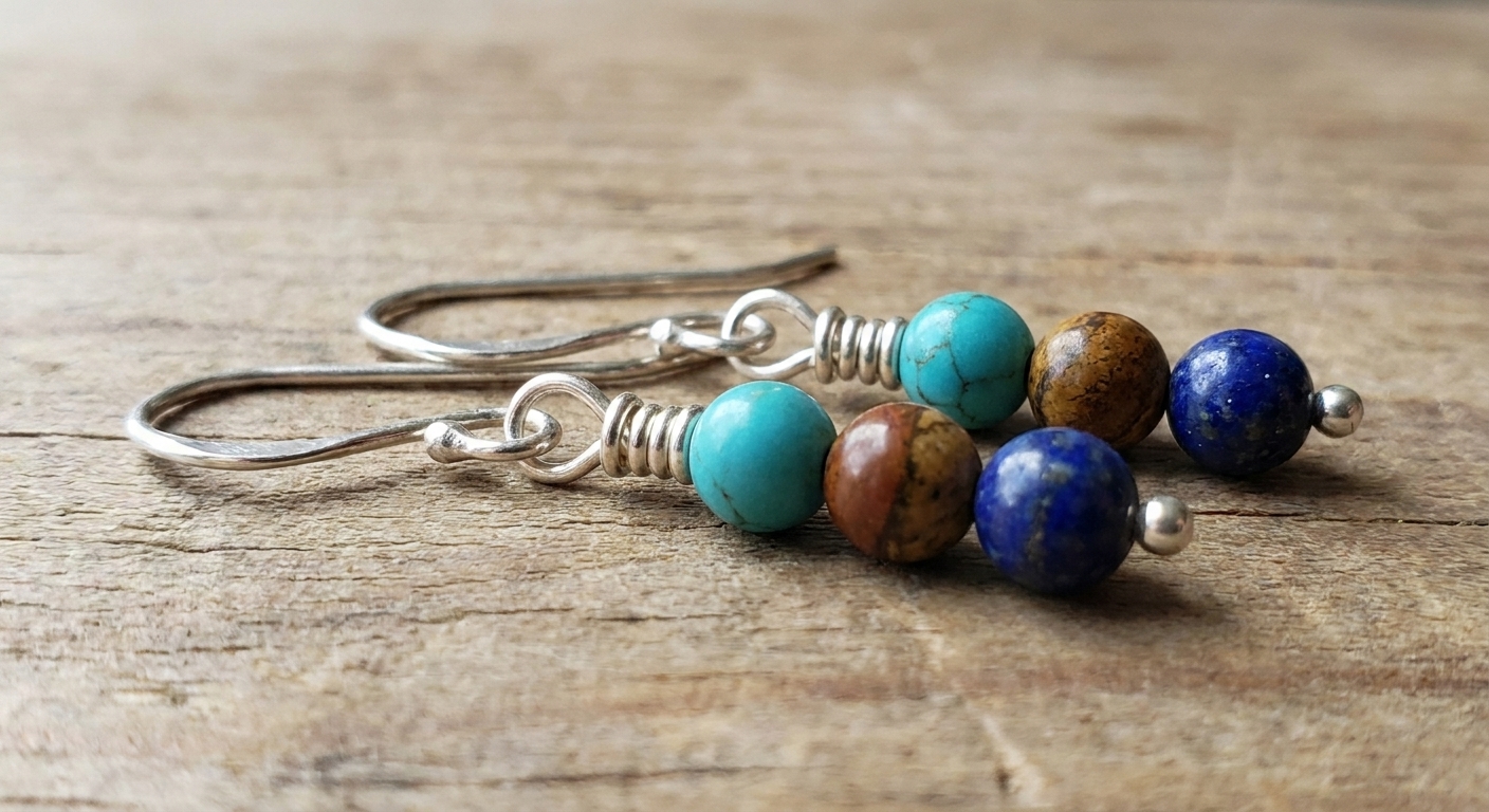 A realistic photo of two matching bead dangles on ear wires, each made with a neatly wrapped loop and small round gemstone beads
