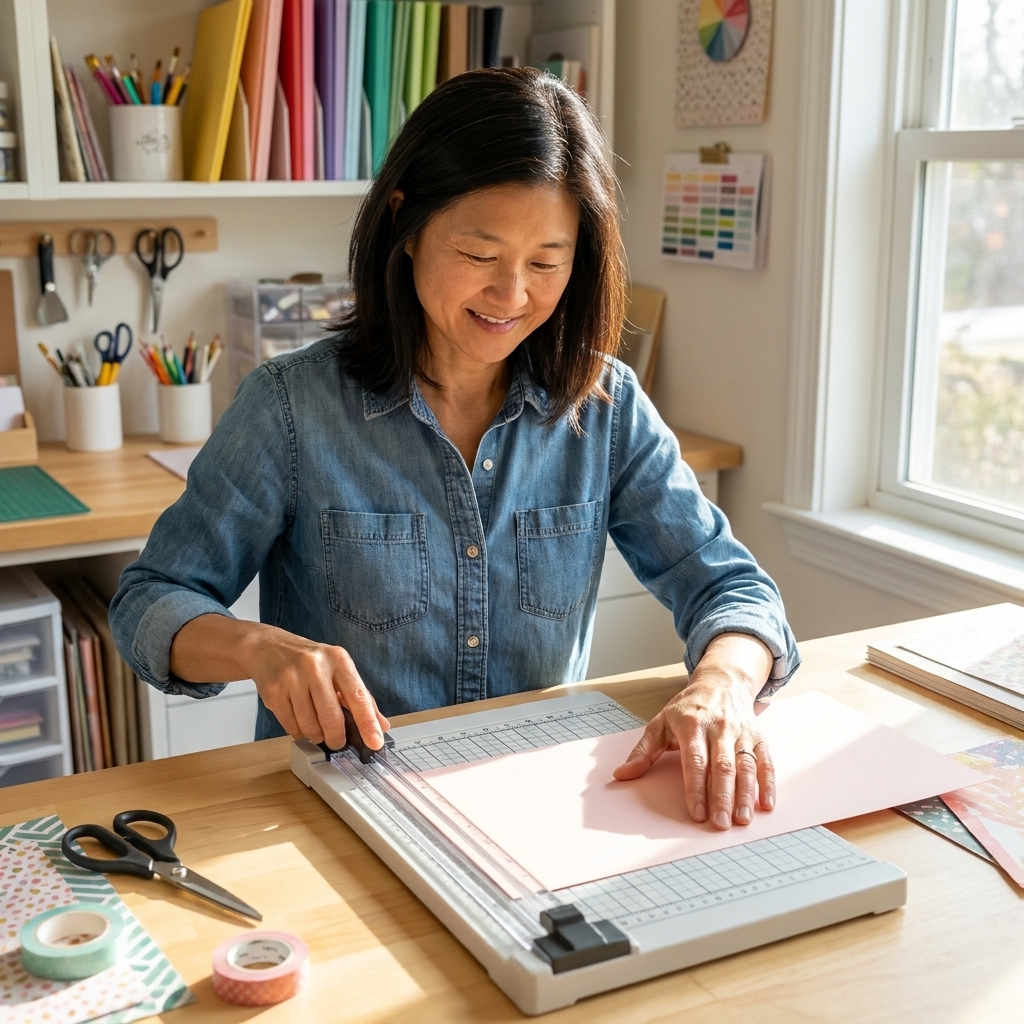 A rotary paper trimmer with measurement grid lines cutting pale pink cardstock on a bright craft desk