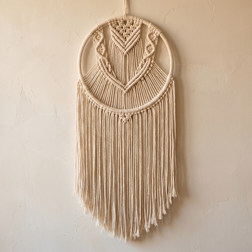 A round macrame hoop wall hanging with neat knotwork and long fringe, hanging against a light colored wall