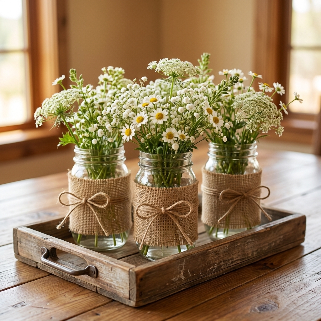 A rustic dining table centerpiece with three mason jars wrapped in burlap and twine, filled with simple white wildflowers on a wooden tray