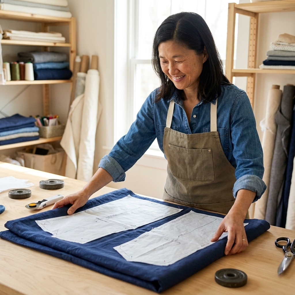 A sewing workspace with fabric folded on a cutting table and several pattern pieces pinned on top following a cutting layout