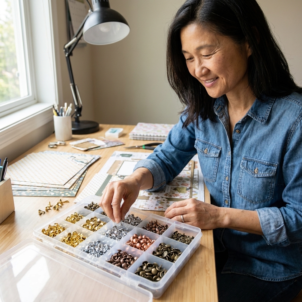 A shallow organizer tray with compartments holding scrapbooking brads sorted by metallic finish on a crafting desk