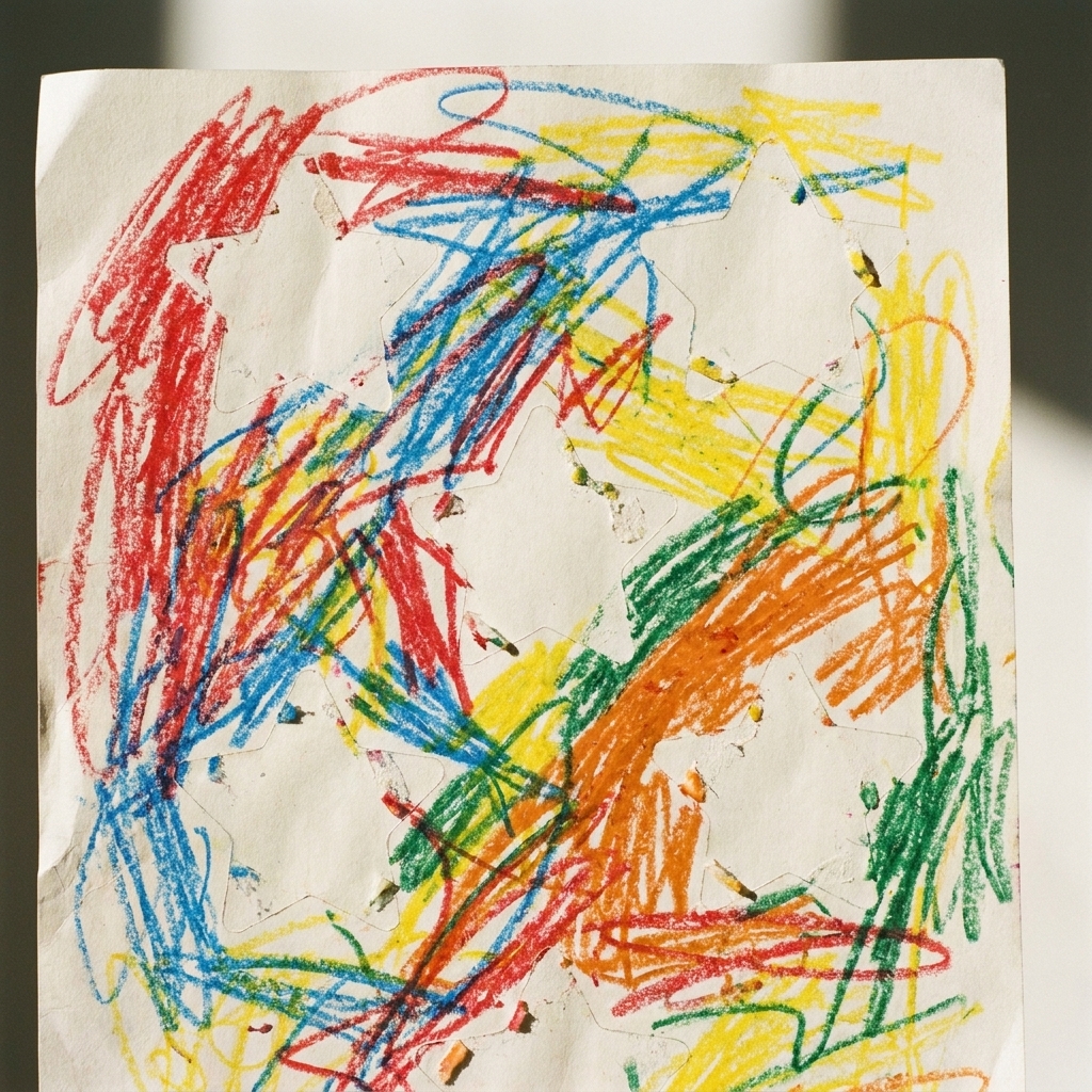 A sheet of paper covered in colorful crayon scribbles with a few star-shaped sticker outlines revealed after peeling