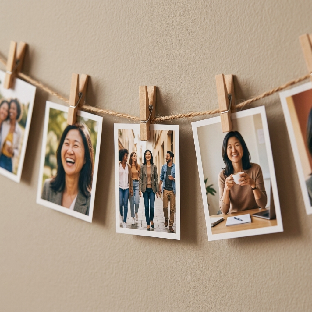 A short twine banner with small printed photos clipped on with wooden clothespins hanging against a neutral wall
