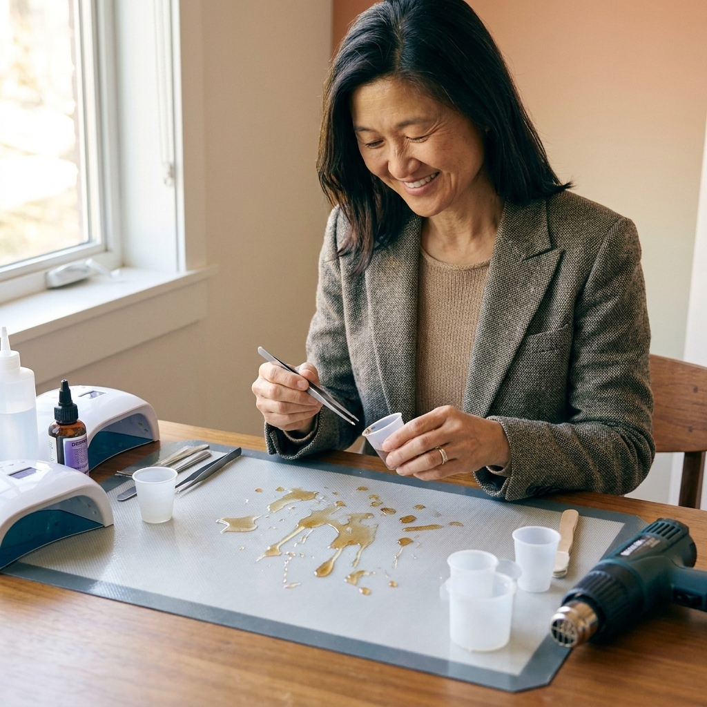 A silicone craft mat covering a work table to protect the surface from resin drips, with a few tools set on top