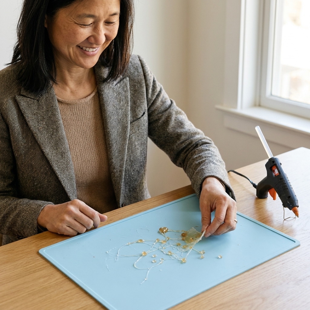 A silicone craft mat on a table with cooled hot glue beads being peeled off by hand, showing how easy cleanup can be