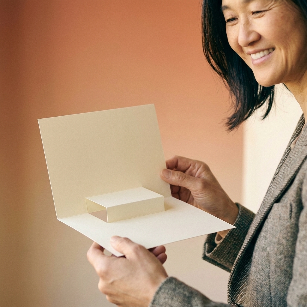 A simple step pop-up mechanism inside an open cardstock greeting card, showing a rectangular paper step folded forward from the center crease