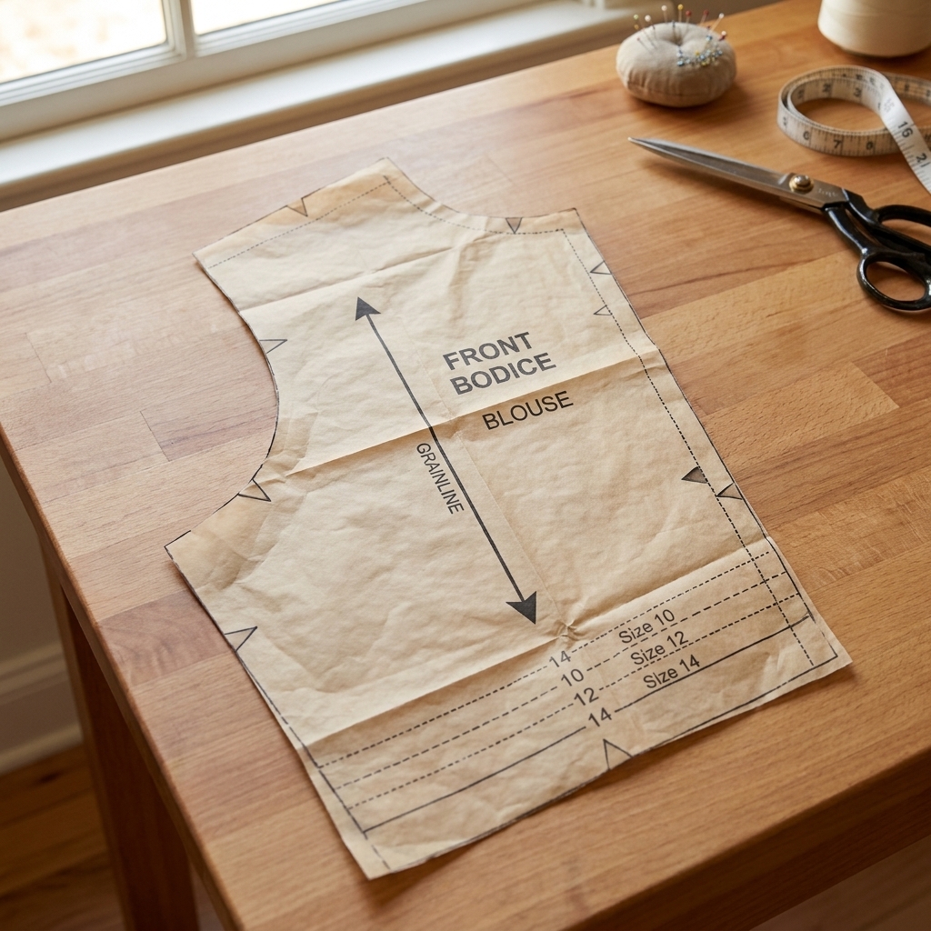 A single commercial sewing pattern piece laid flat with visible grainline arrow, notches, and cutting line sizes