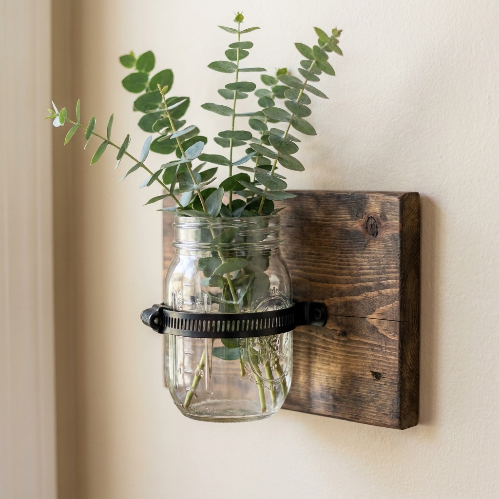 A single mason jar mounted to a stained wood board with a metal clamp, holding eucalyptus stems on a light-colored wall