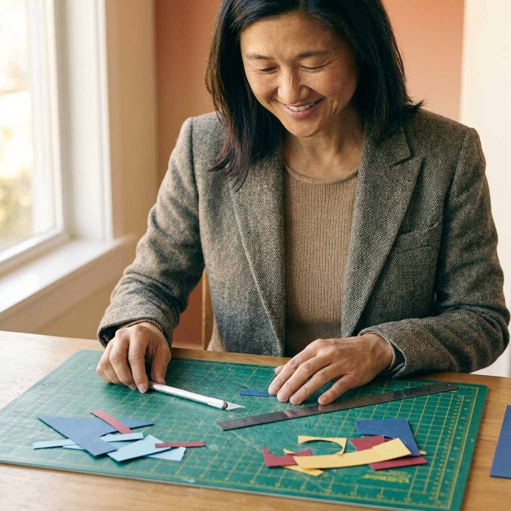 A slim precision craft knife resting on a green self-healing cutting mat beside small cardstock scraps and a metal ruler