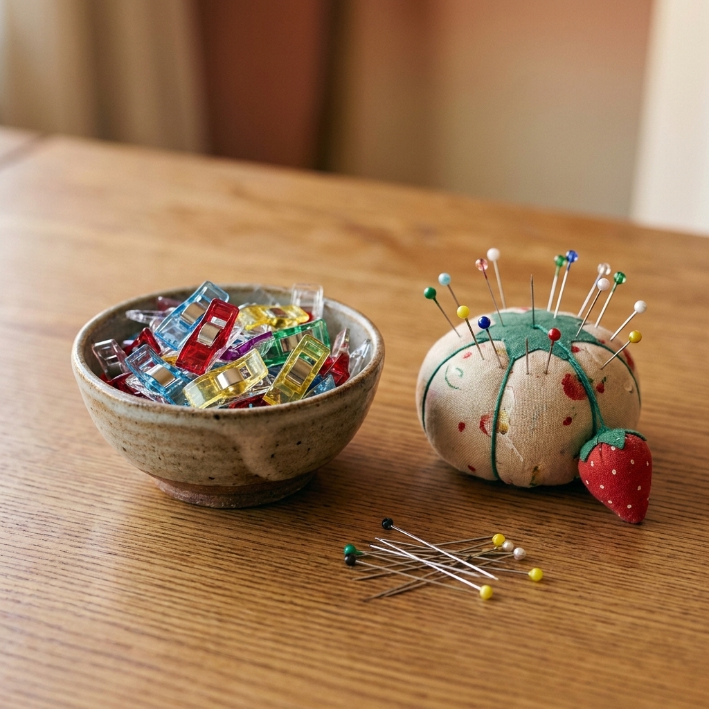 A small bowl of colorful sewing clips next to straight pins and a pincushion on a sewing table