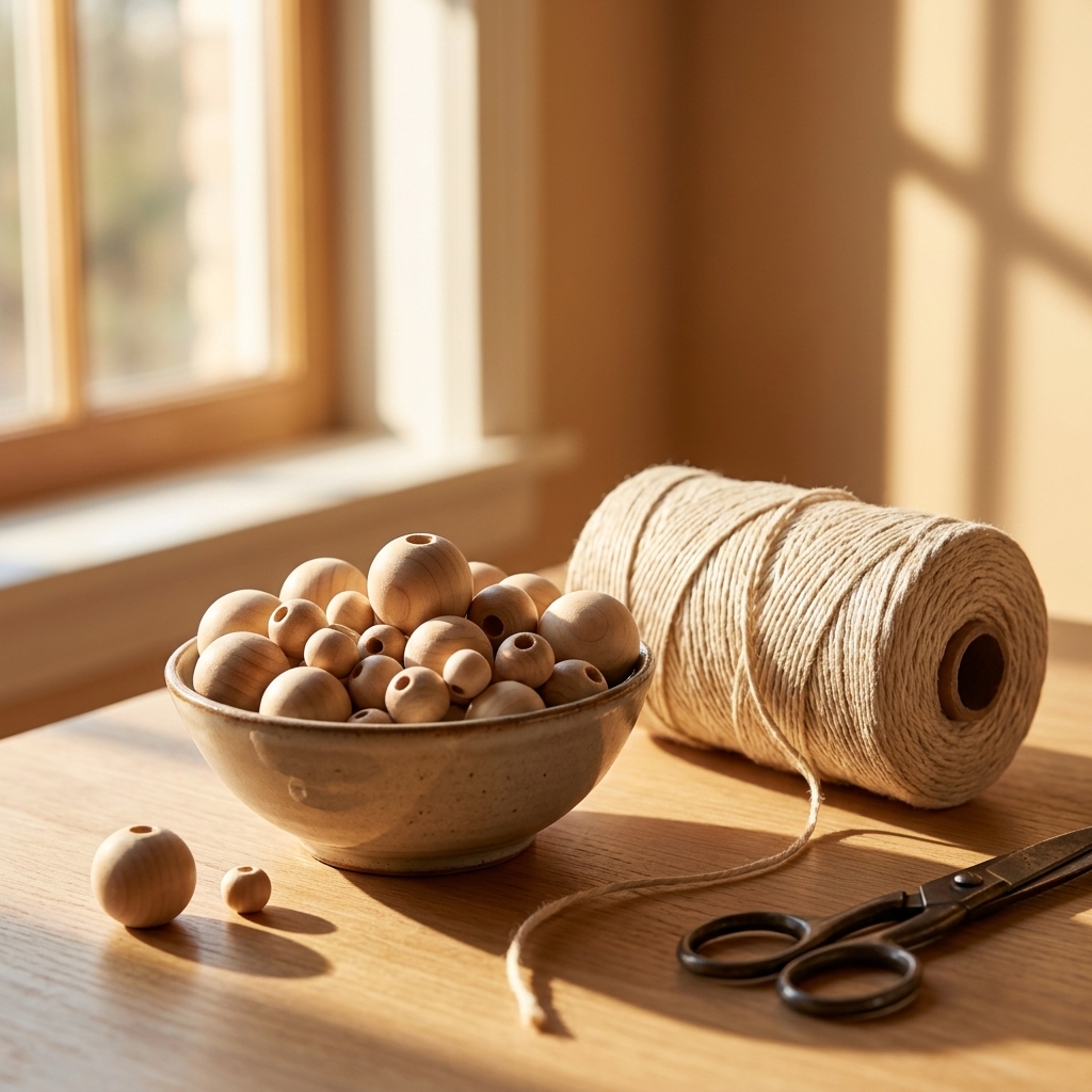 A small bowl of unfinished wooden beads and a spool of cotton twine on a craft table with sunlight coming through a window