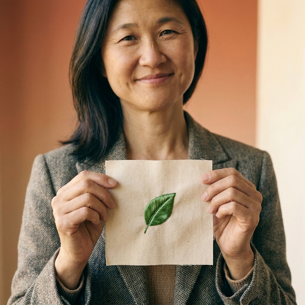 A small embroidered leaf filled with smooth satin stitch in green thread on light cotton fabric