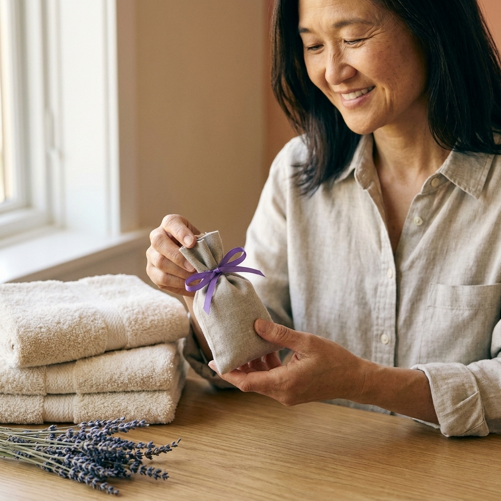 A small fabric sachet tied with ribbon beside dried lavender and folded towels