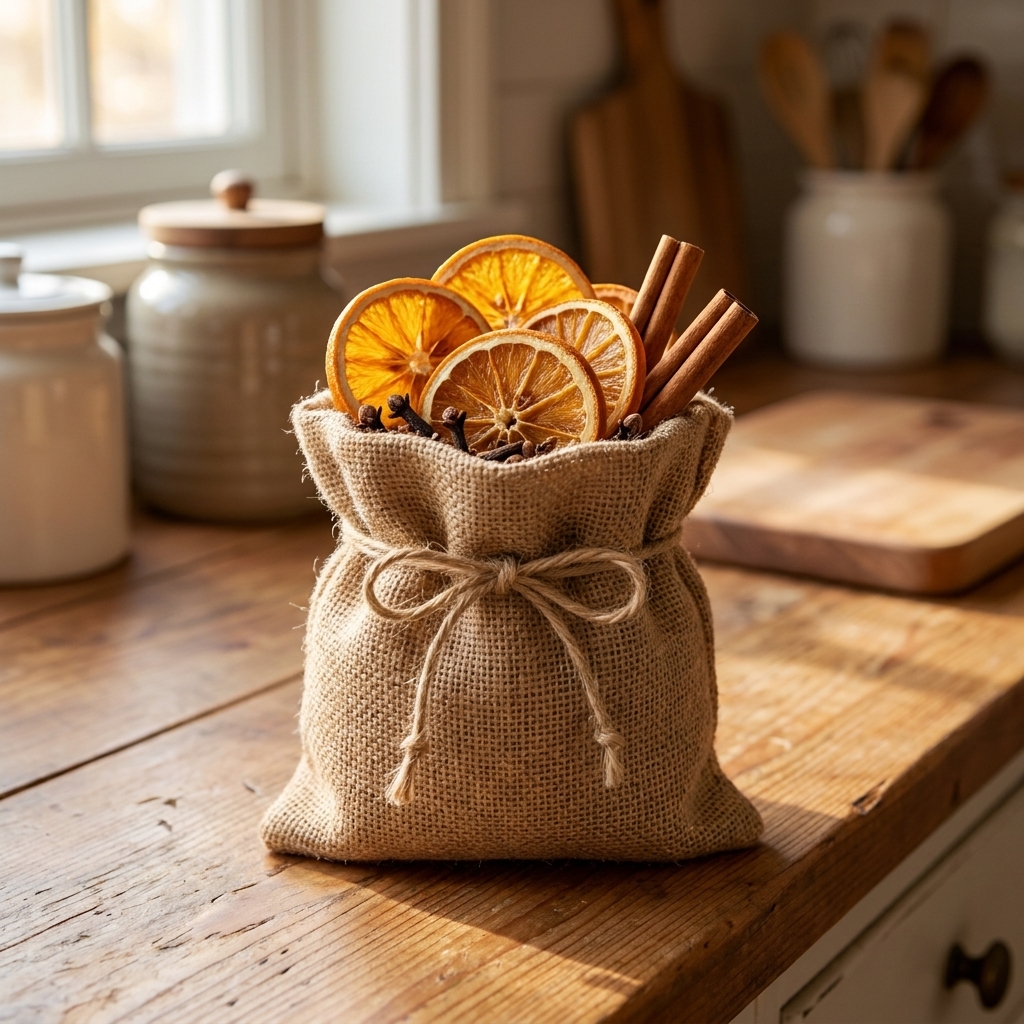 A small gift bag filled with dried orange slices, cinnamon sticks, and cloves on a kitchen counter