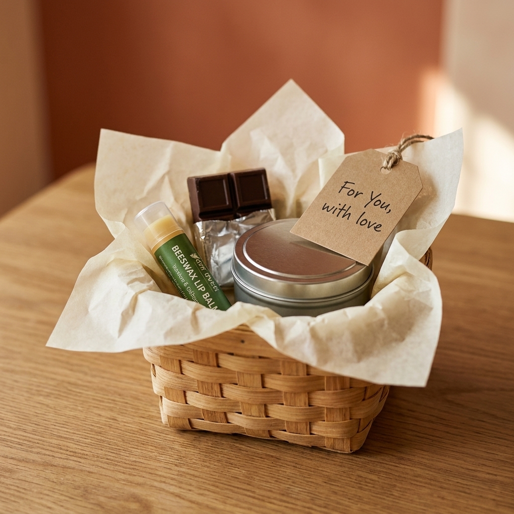 A small gift basket holding a lip balm, a mini chocolate bar, a candle tin, and a handwritten tag on tissue paper