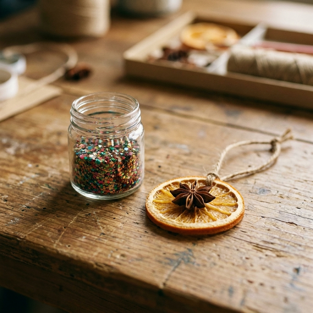 A small glass jar filled with biodegradable glitter sitting beside a handmade holiday ornament on a wooden craft table