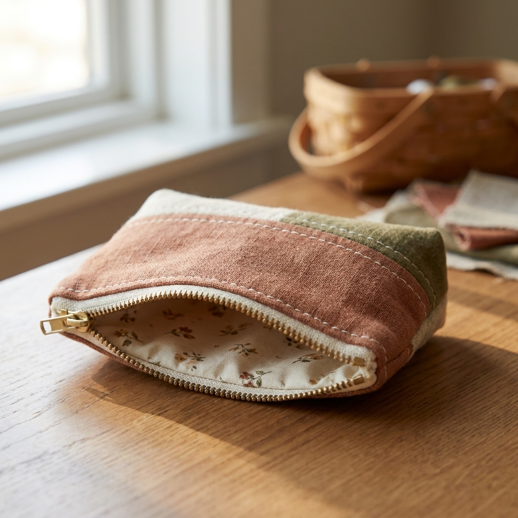 A small handmade lined zipper pouch partially unzipped, showing the fabric lining and neat topstitching near the zipper