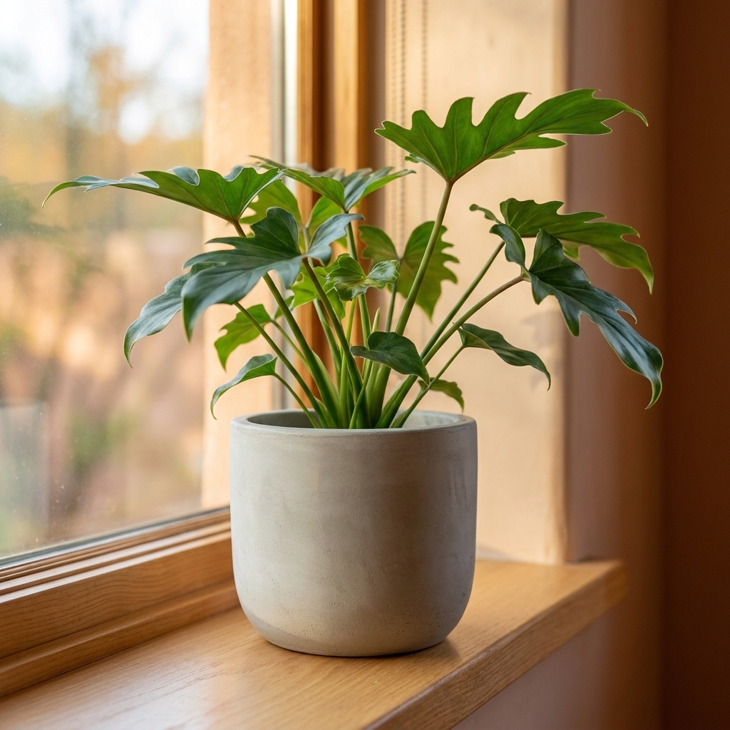 A small planter covered in plaster cloth with a smooth cement-like finish, holding a leafy green houseplant on a windowsill