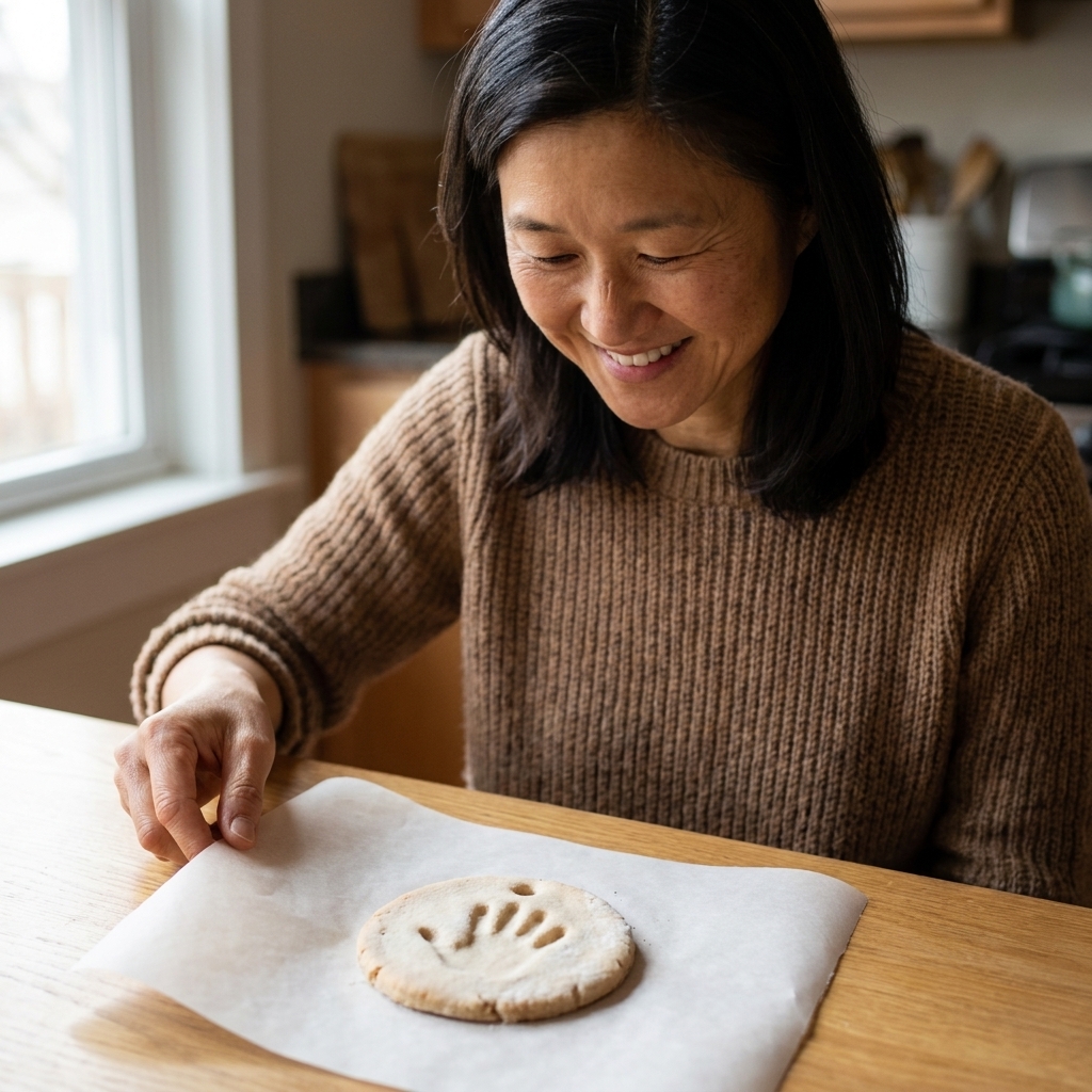 A small salt dough ornament shaped like a circle with a simple handprint impression, drying on parchment paper