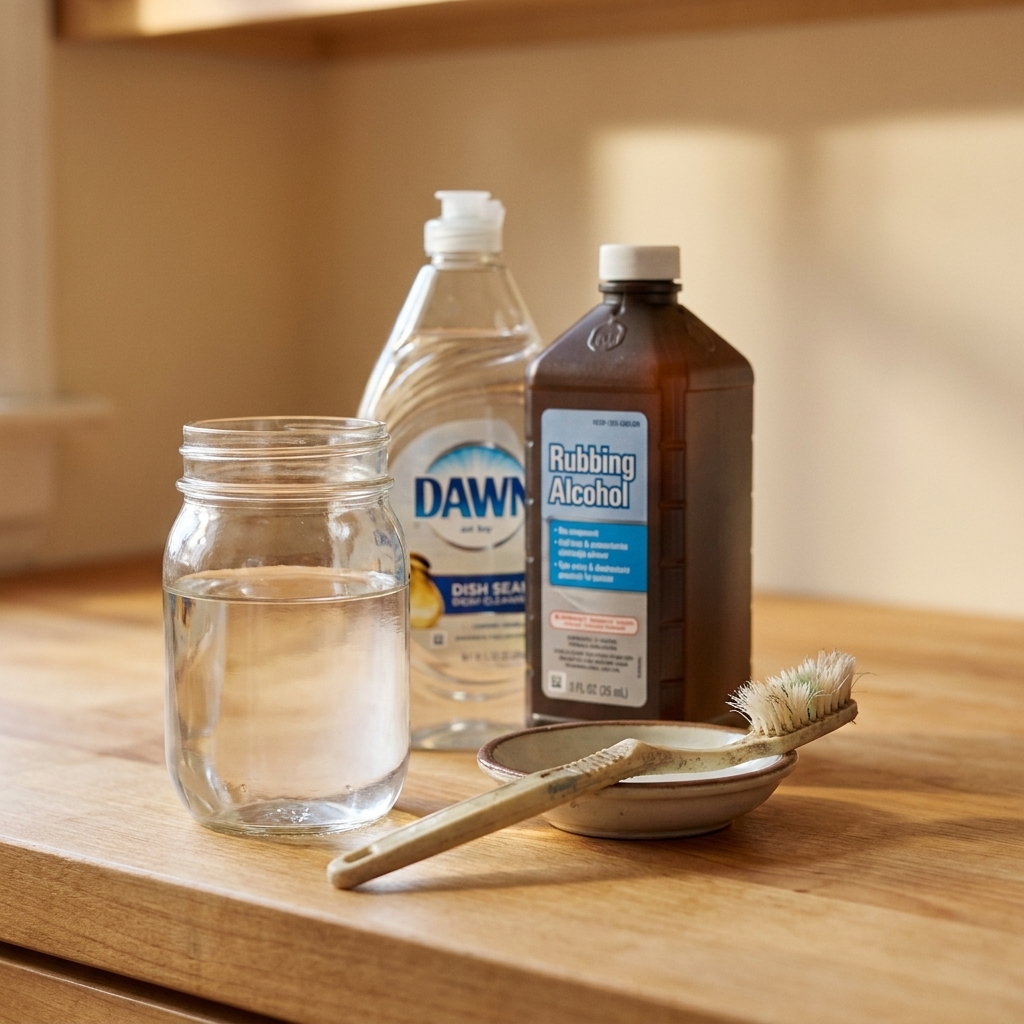A small set of brush-cleaning supplies on a countertop including a jar of white vinegar, dish soap, rubbing alcohol, and an old toothbrush