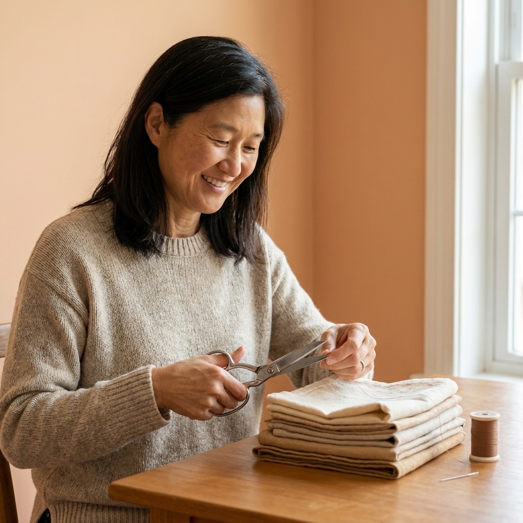A stack of handmade cotton cloth napkins in neutral colors on a wooden table next to scissors and thread