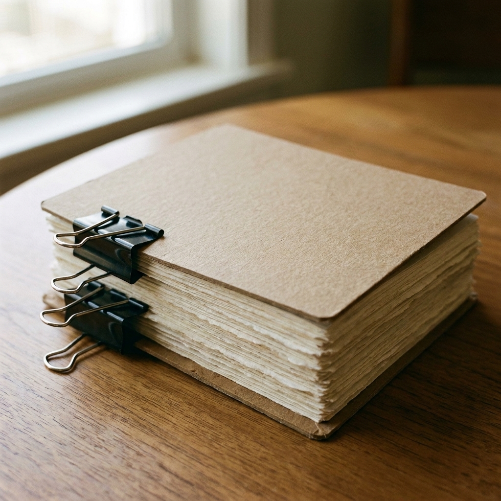 A stack of journal pages sandwiched between two cardstock covers, held tightly with two black binder clips along the left edge