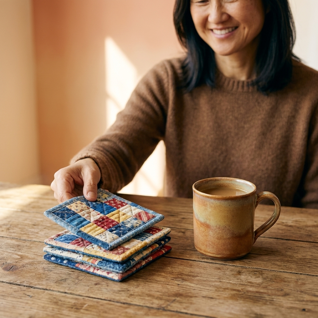 A stack of small quilted patchwork coasters on a wooden table next to a mug