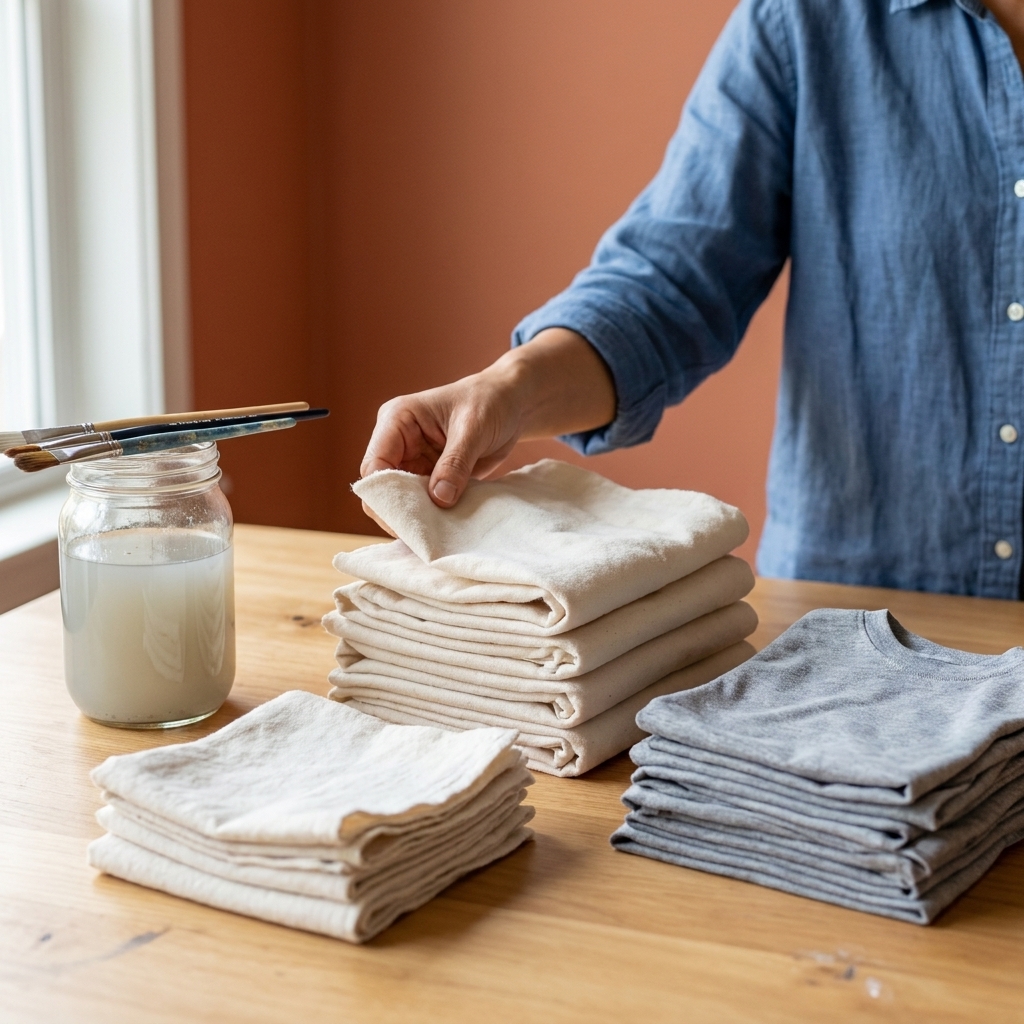 A stack of soft cotton rags and an old T-shirt cut into squares next to paintbrushes and a jar of rinse water on a craft table