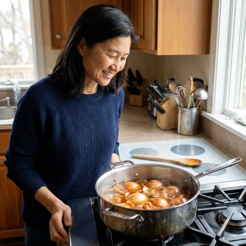 A stainless steel pot on a stove with onion skins simmering in golden water, with a wooden spoon resting nearby in a cozy home kitchen