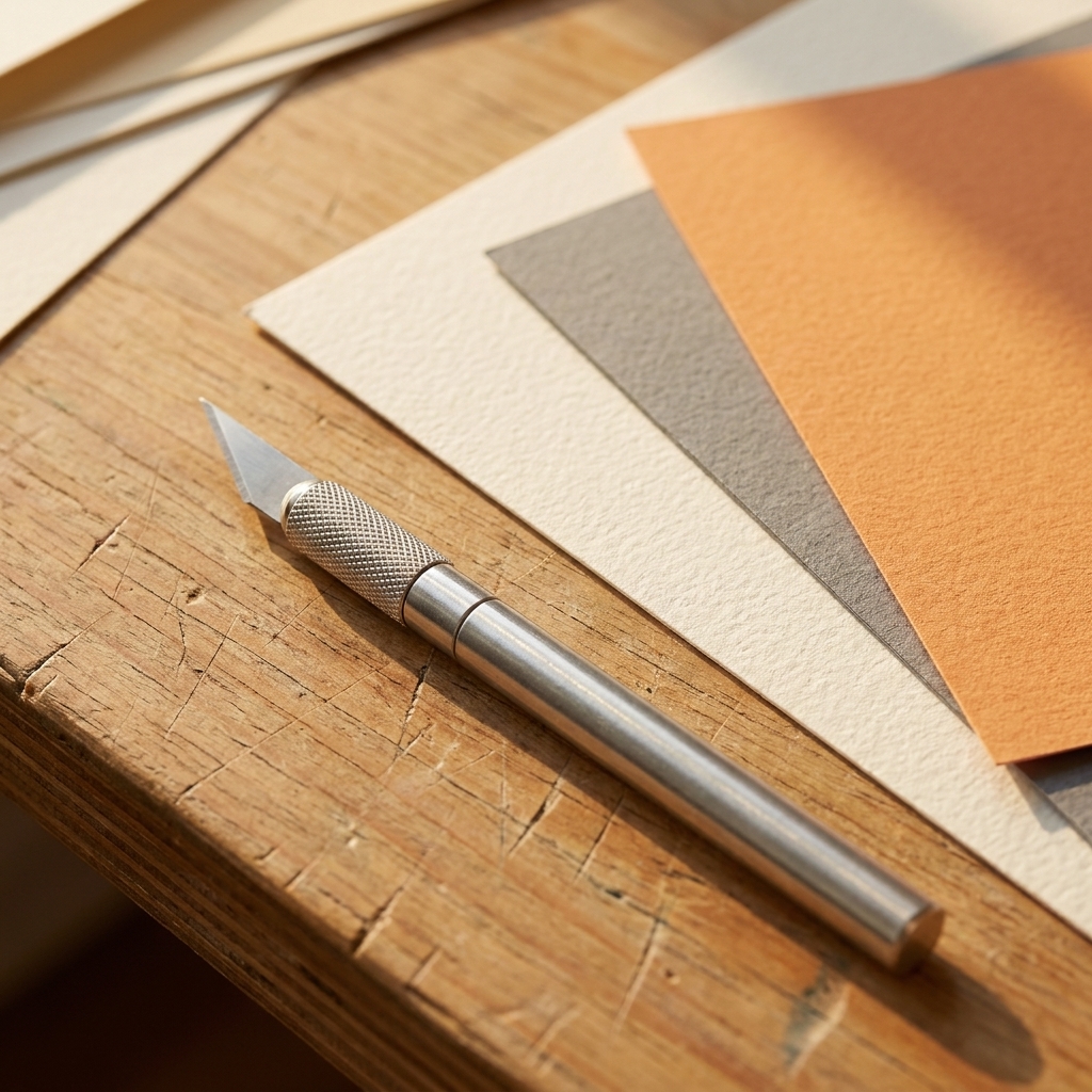 A stainless steel precision knife with a textured grip lying on a craft desk near thick watercolor paper and cardstock