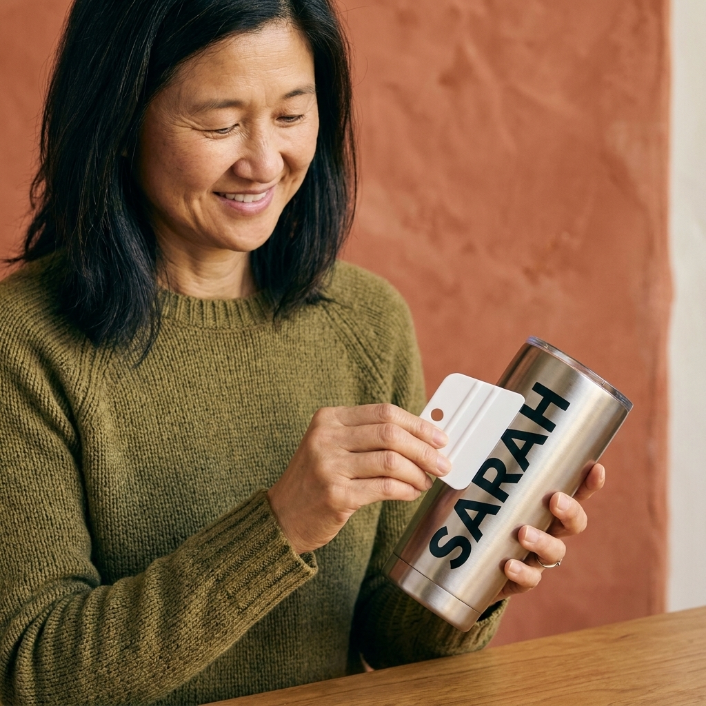 A stainless steel tumbler with a vinyl name decal being smoothed down with a small plastic scraper