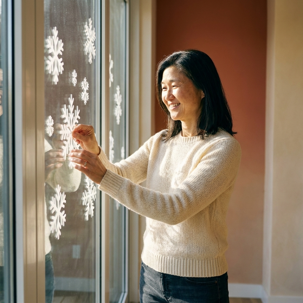 A sunny window with removable vinyl snowflake decals applied to the glass