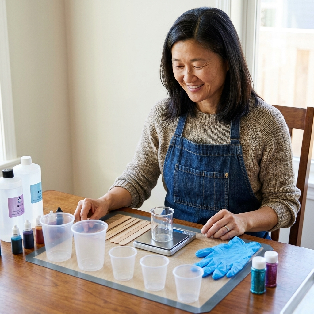 A tabletop photo of resin mixing cups, wooden stir sticks, nitrile gloves, and a digital scale arranged neatly before a resin pour