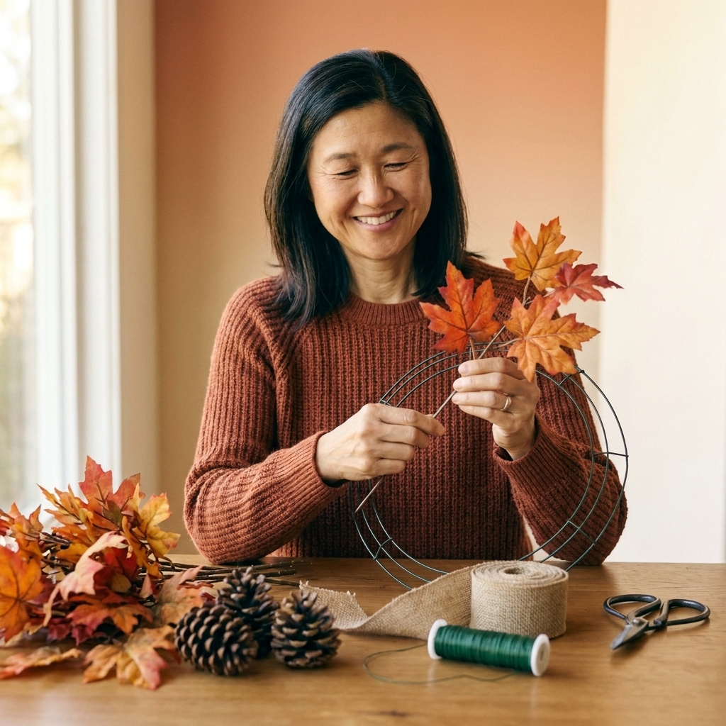 A tabletop scene with a wire wreath frame, faux fall leaf stems, pinecones, burlap ribbon, floral wire, and scissors laid out for crafting