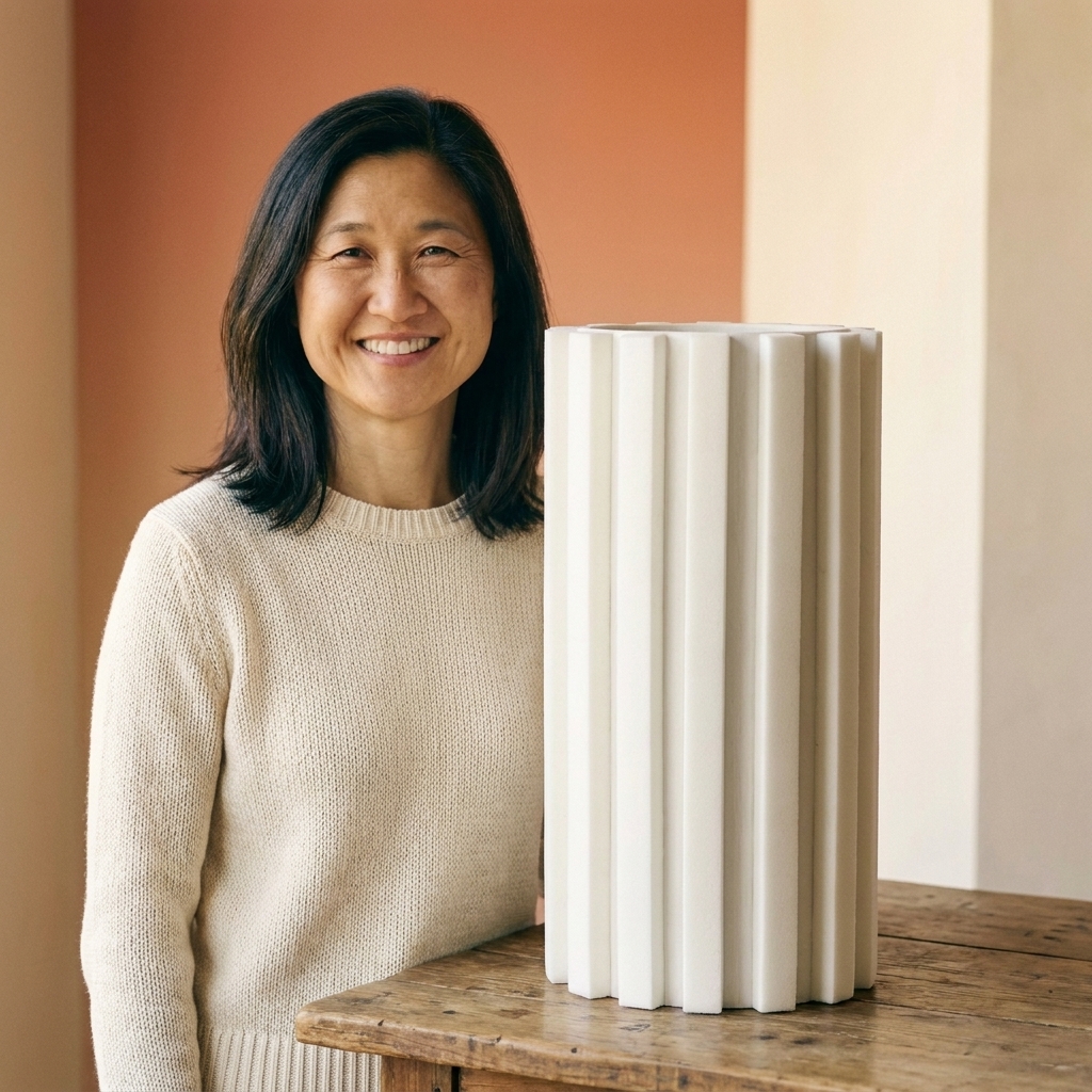 A tall cylindrical vase wrapped with evenly spaced vertical foam strips, painted matte white and sitting on a wooden table