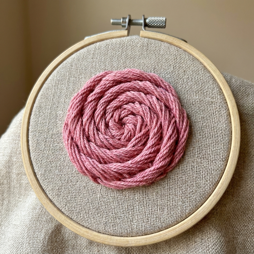 A textured woven wheel rose stitched in pink thread on natural linen in a wooden embroidery hoop