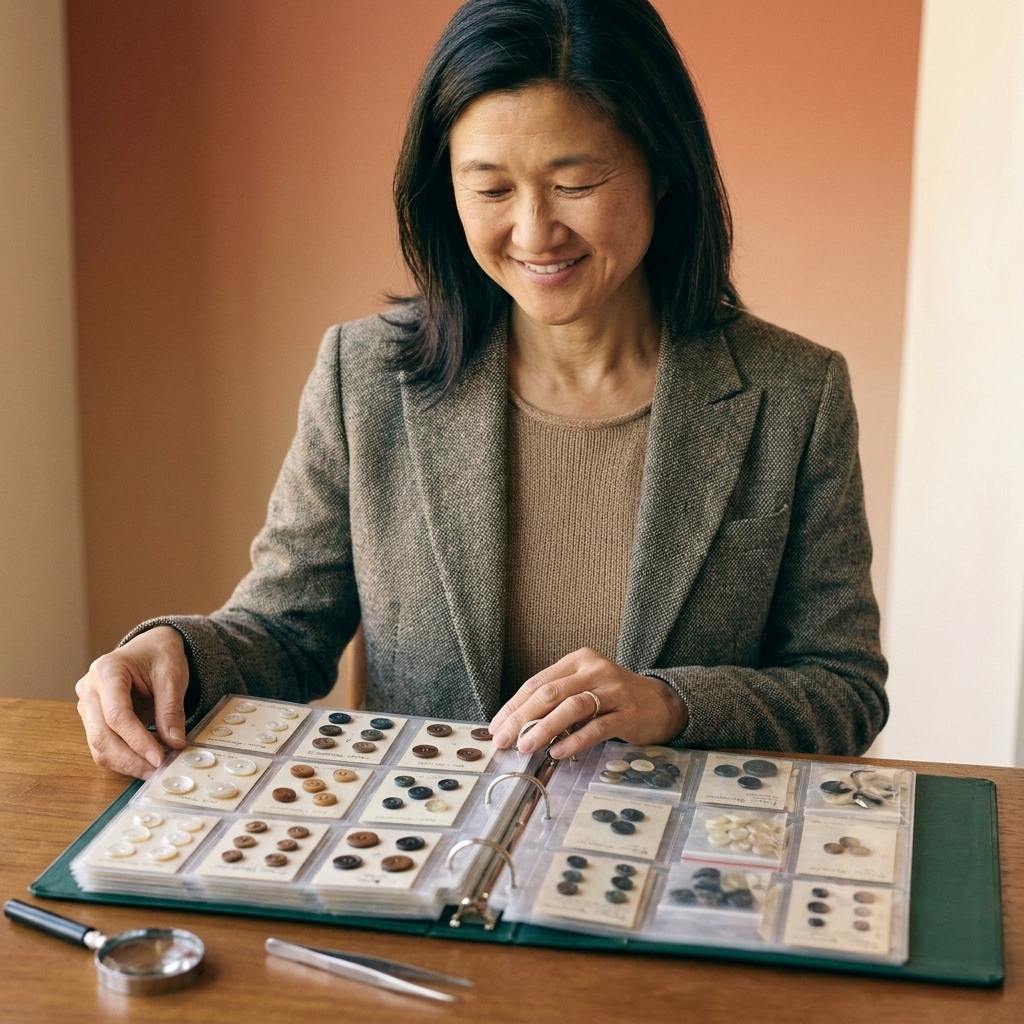 A three-ring binder opened on a desk with clear pocket sleeves holding button cards and small sets of buttons