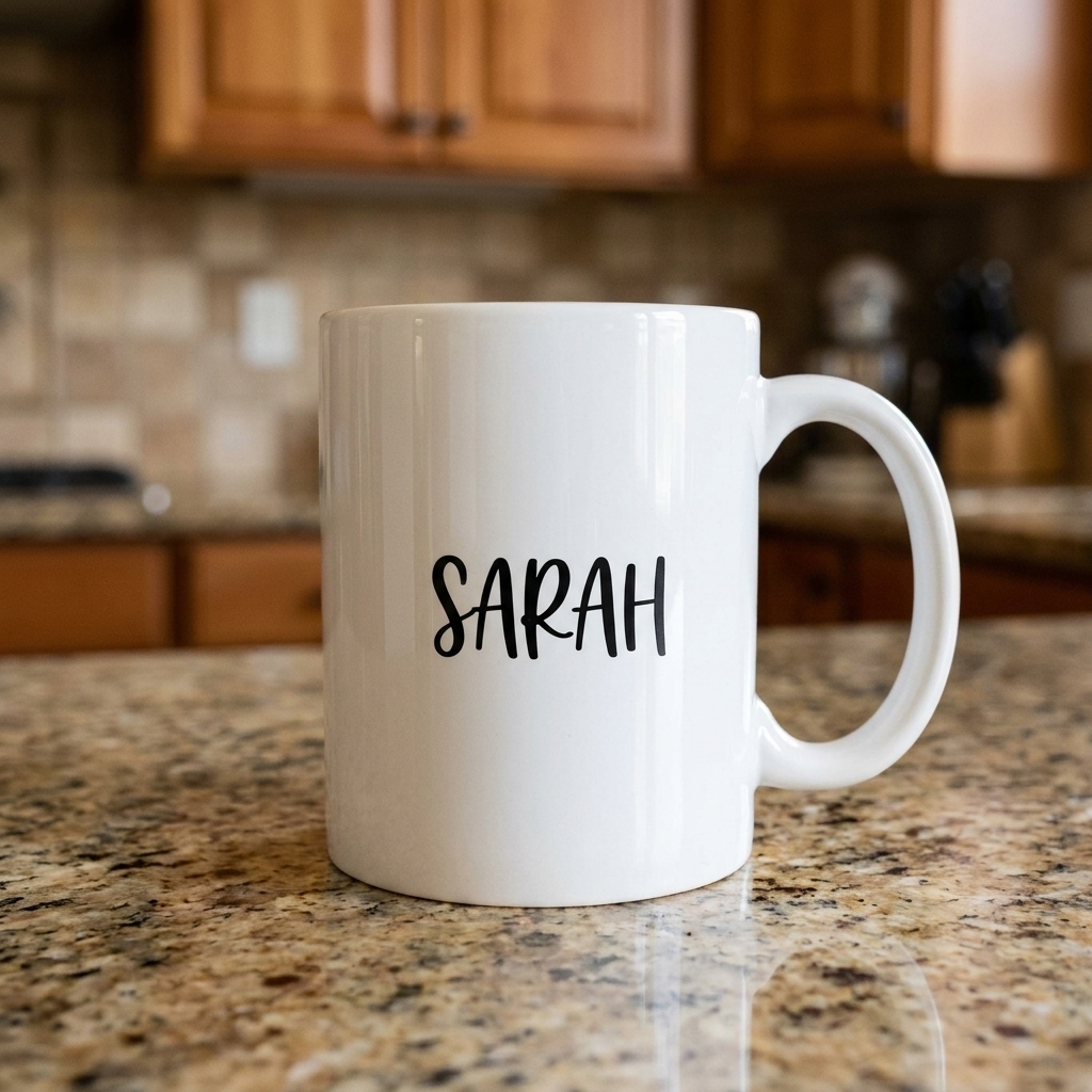 A white ceramic coffee mug with a small black vinyl name decal applied on the side, sitting on a kitchen counter