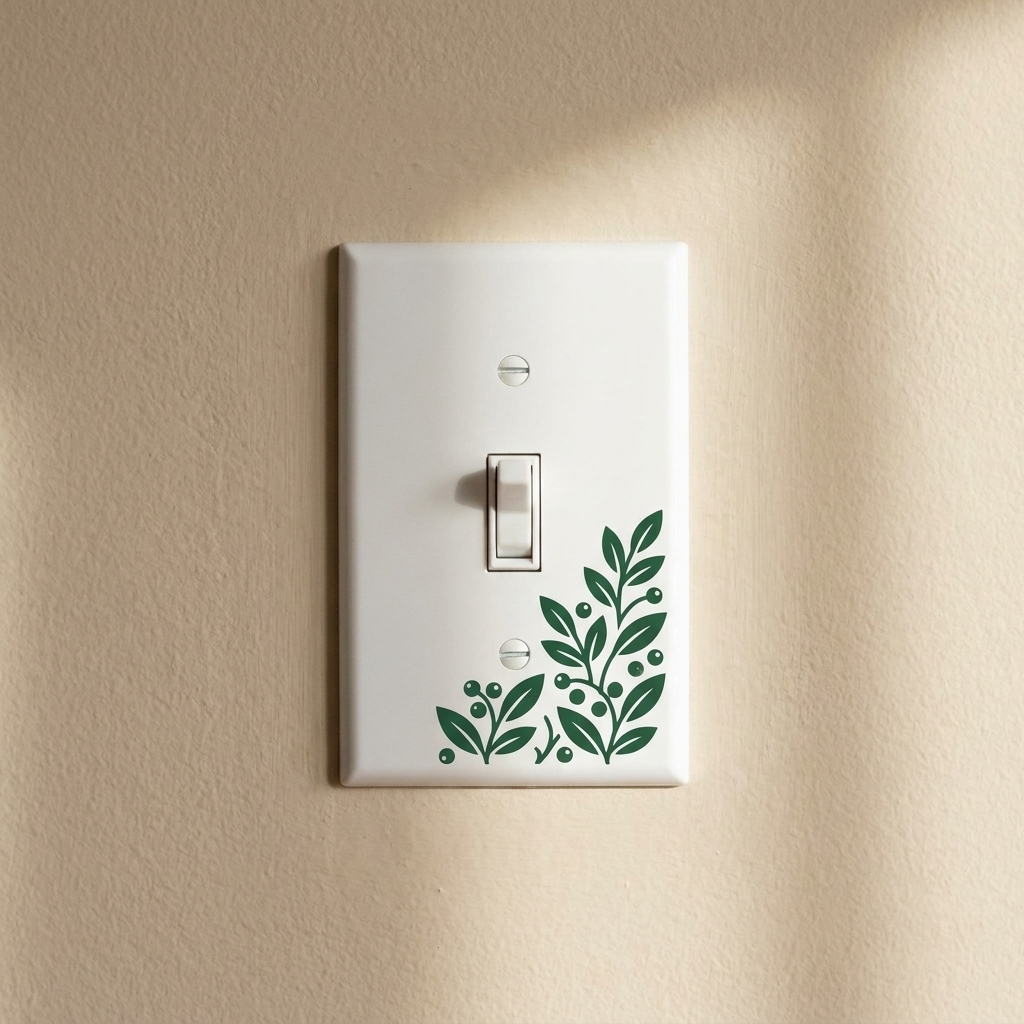 A white light switch plate with a small vinyl pattern decal applied, mounted on a neutral wall